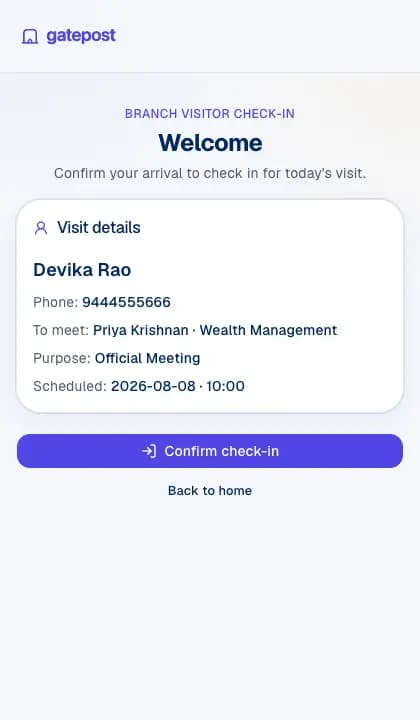 Live check-in confirmation — visitor taps their token and checks in at the gate