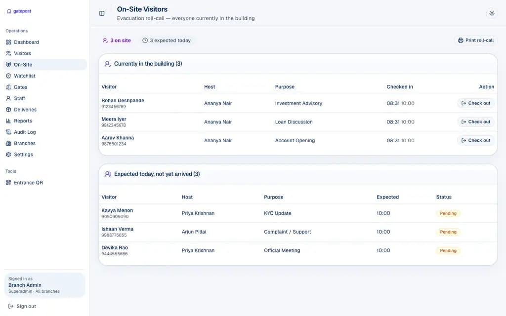On-site visibility & roll call — screenshot from the live demo